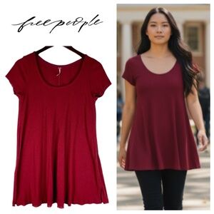 Free People Small Thermal Tee T-Shirt Top Tunic Ribbed Burgundy Wine Maroon